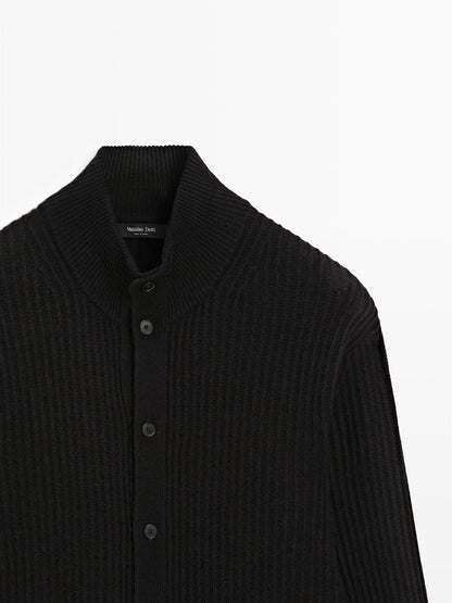 Knit wool blend cardigan with high neck