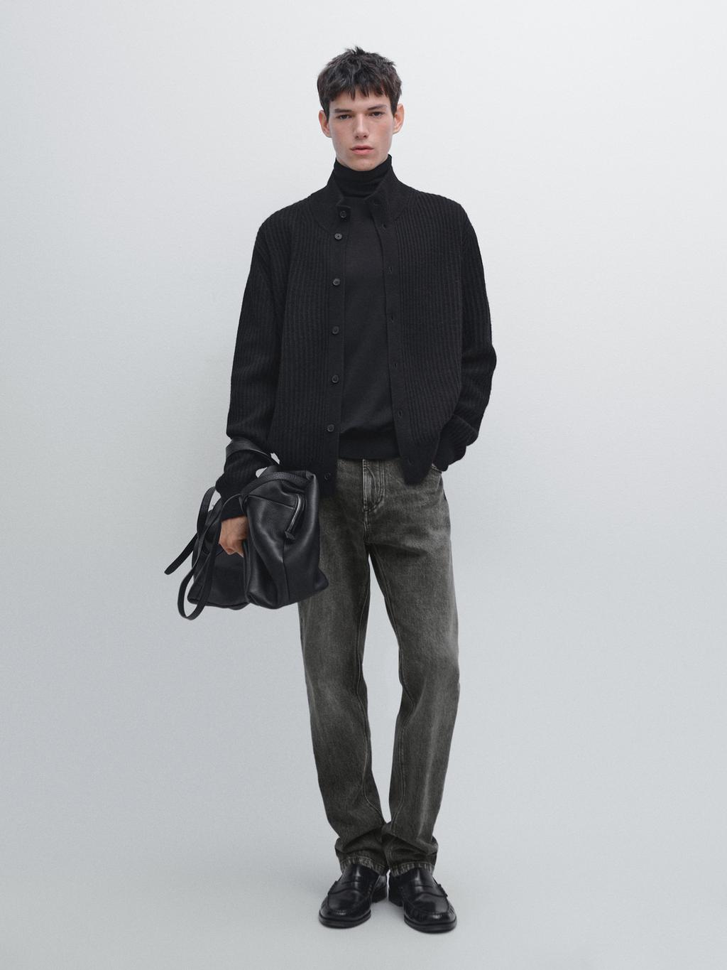 Knit wool blend cardigan with high neck