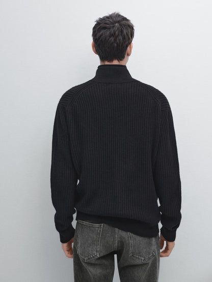 Knit wool blend cardigan with high neck