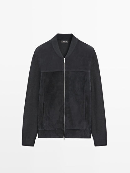Wool and suede leather blend bomber jacket