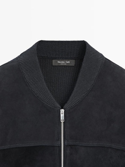 Wool and suede leather blend bomber jacket