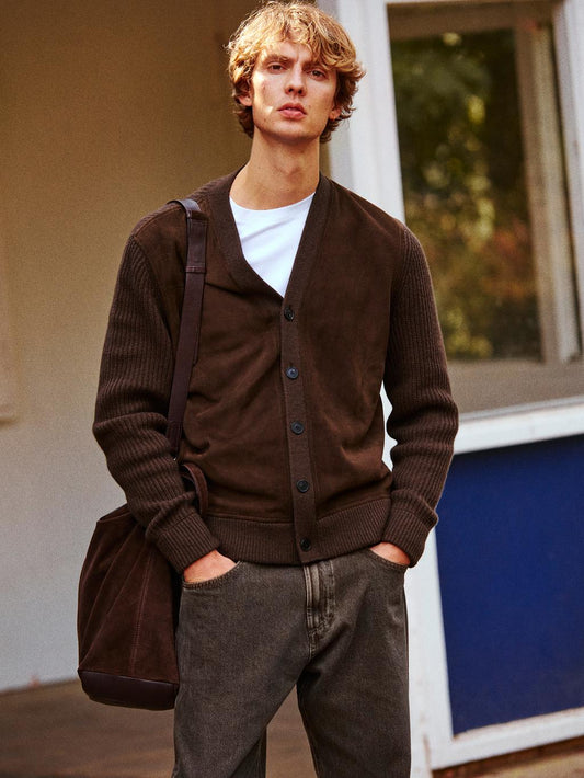 Wool and leather blend knit cardigan