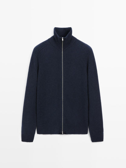 Wool blend zip-up knit cardigan