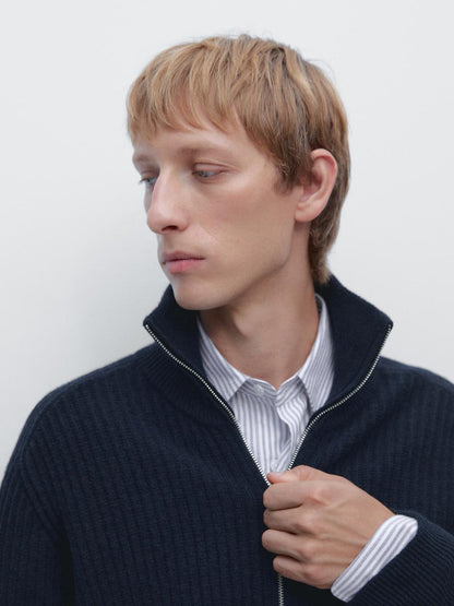 Wool blend zip-up knit cardigan