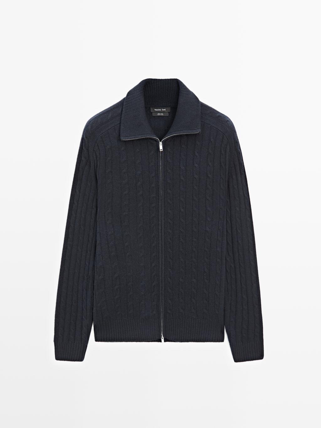 100% wool cable-knit zip-up cardigan