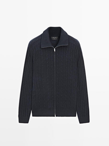 100% wool cable-knit zip-up cardigan