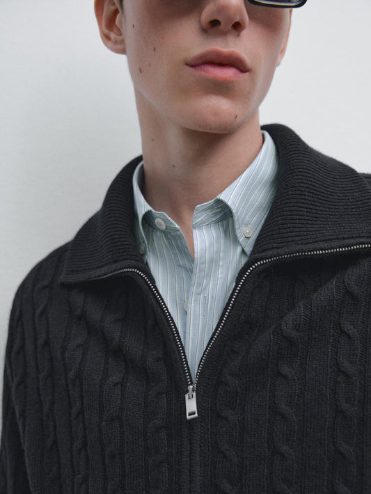 100% wool cable-knit zip-up cardigan