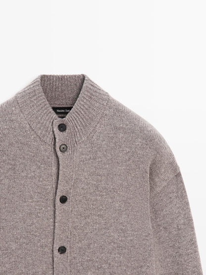 100% wool high neck knit cardigan