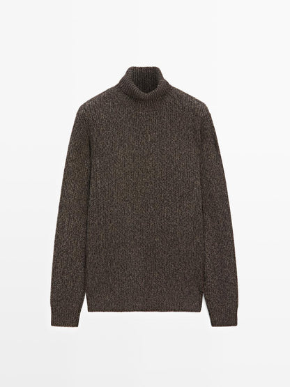 100% wool mouline knit sweater with high neck