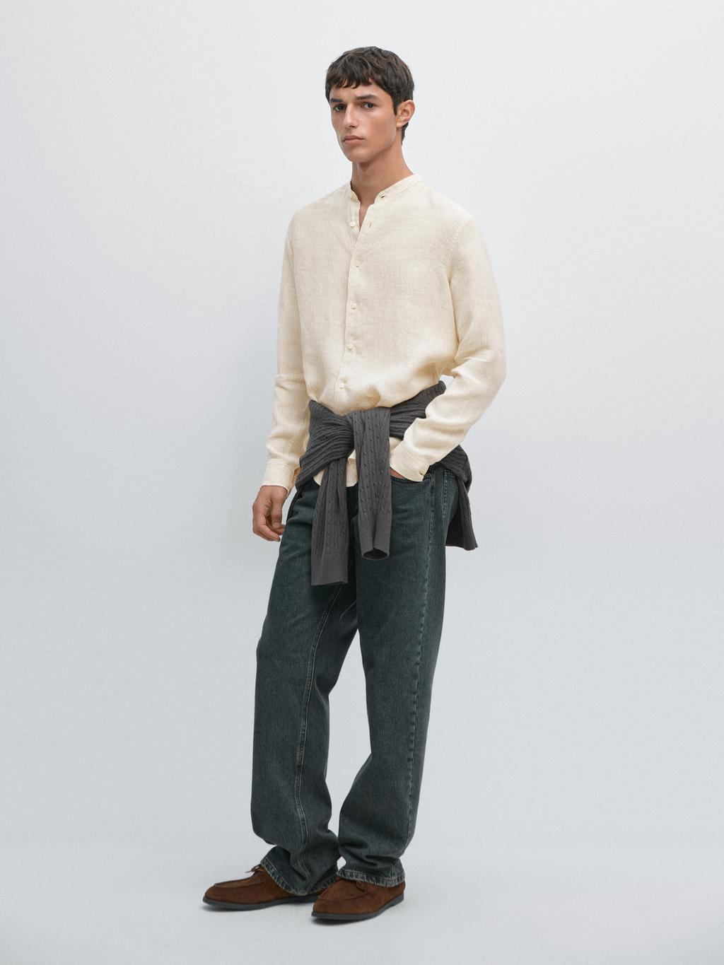 Regular fit striped 100% linen shirt