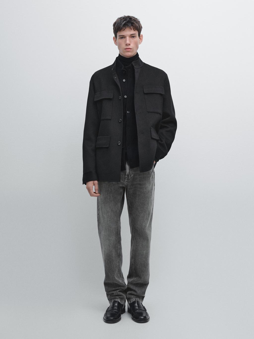 Double wool blend jacket with stand collar