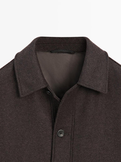 Mid-length herringbone wool blend coat