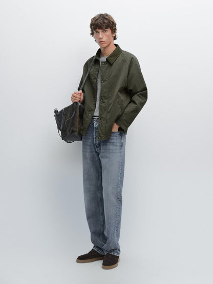 Jacket with leather collar detail