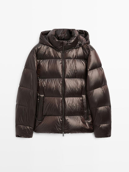Water-repellent satin puffer jacket