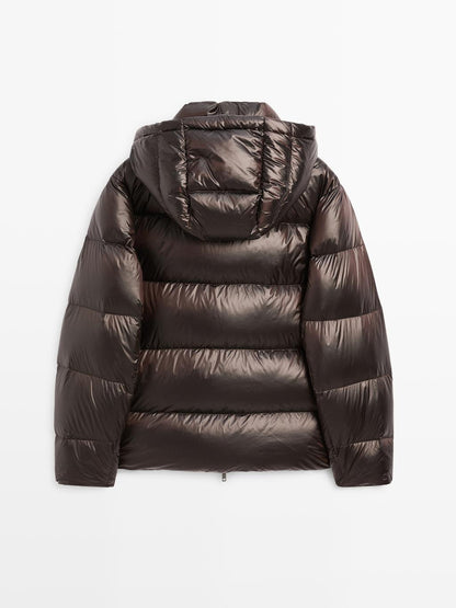 Water-repellent satin puffer jacket