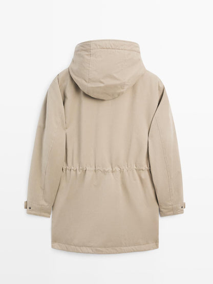 Parka made of water-repellent peach-effect fabric