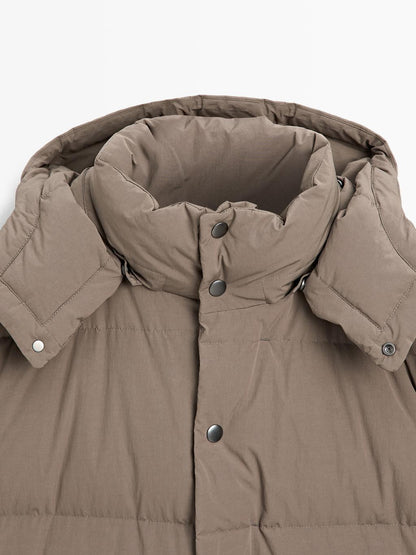 Long water-repellent down puffer jacket