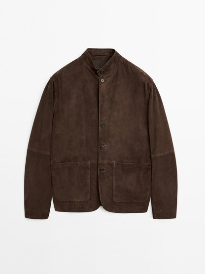 Suede leather stand collar jacket