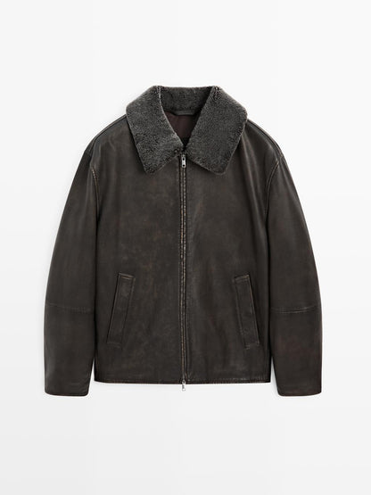 Nappa leather jacket with lambskin collar
