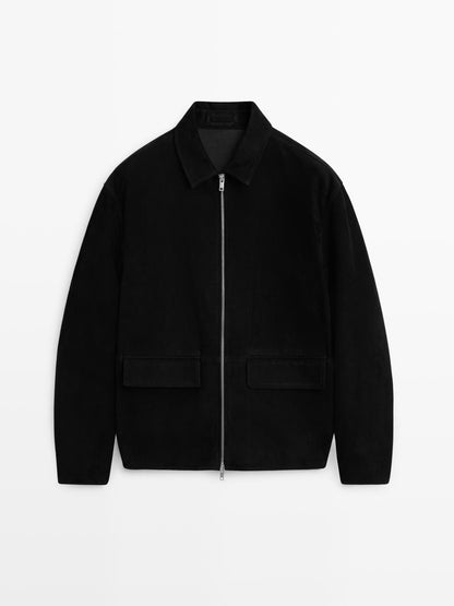 Suede leather zip-up jacket