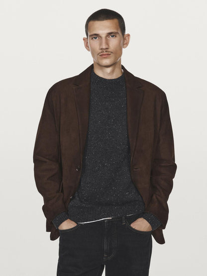Suede leather blazer with seam details