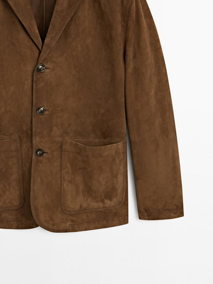 Suede leather blazer with topstitching