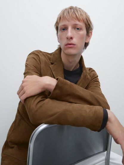 Suede leather blazer with topstitching