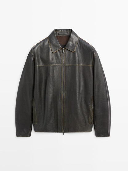 Distressed effect leather jacket