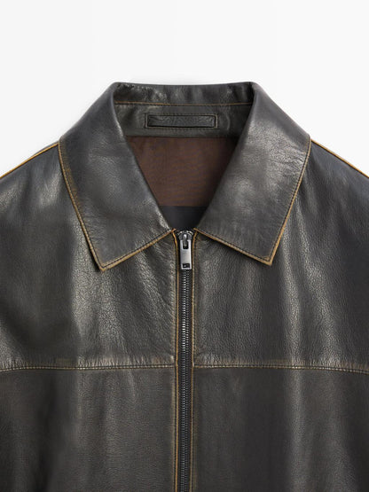 Distressed effect leather jacket