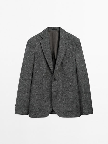 Textured check wool blend blazer
