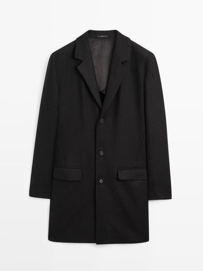Wool blend long coat with lapel collar