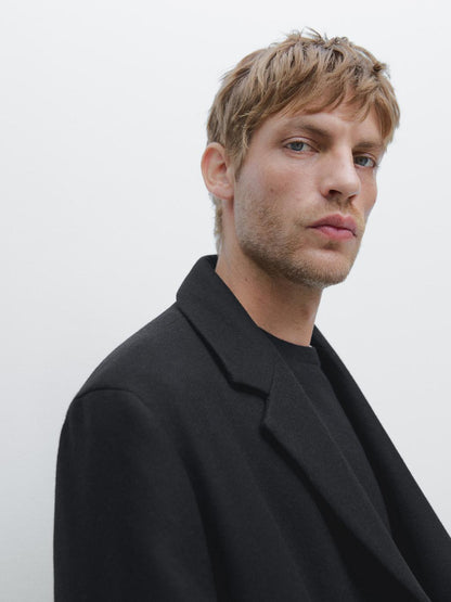 Wool blend long coat with lapel collar