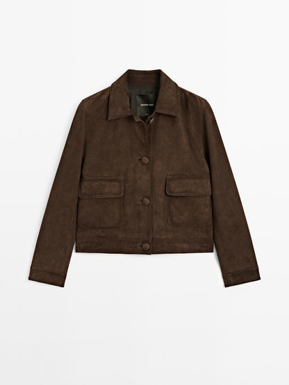 Cropped suede leather-lined jacket with buttons