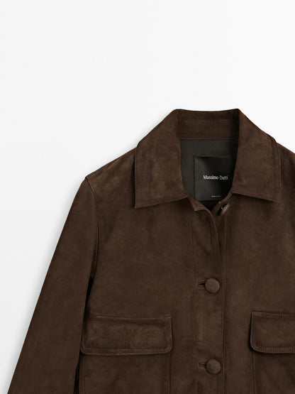 Cropped suede leather-lined jacket with buttons