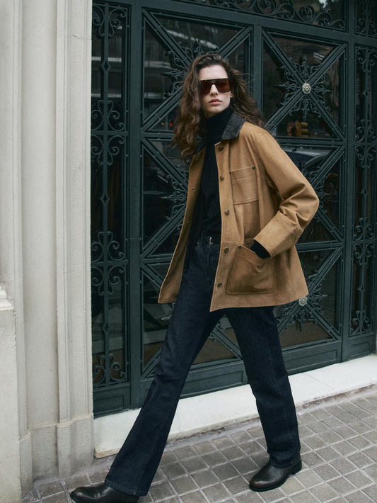 Suede leather jacket with collar detail