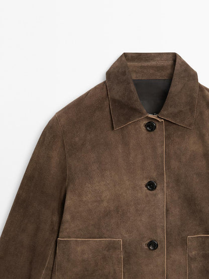 Short suede leather jacket with pocket details
