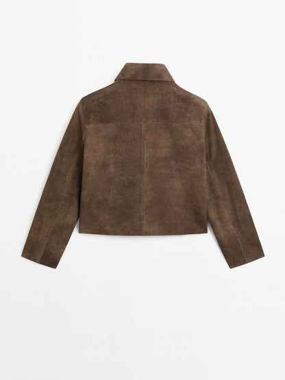 Short suede leather jacket with pocket details