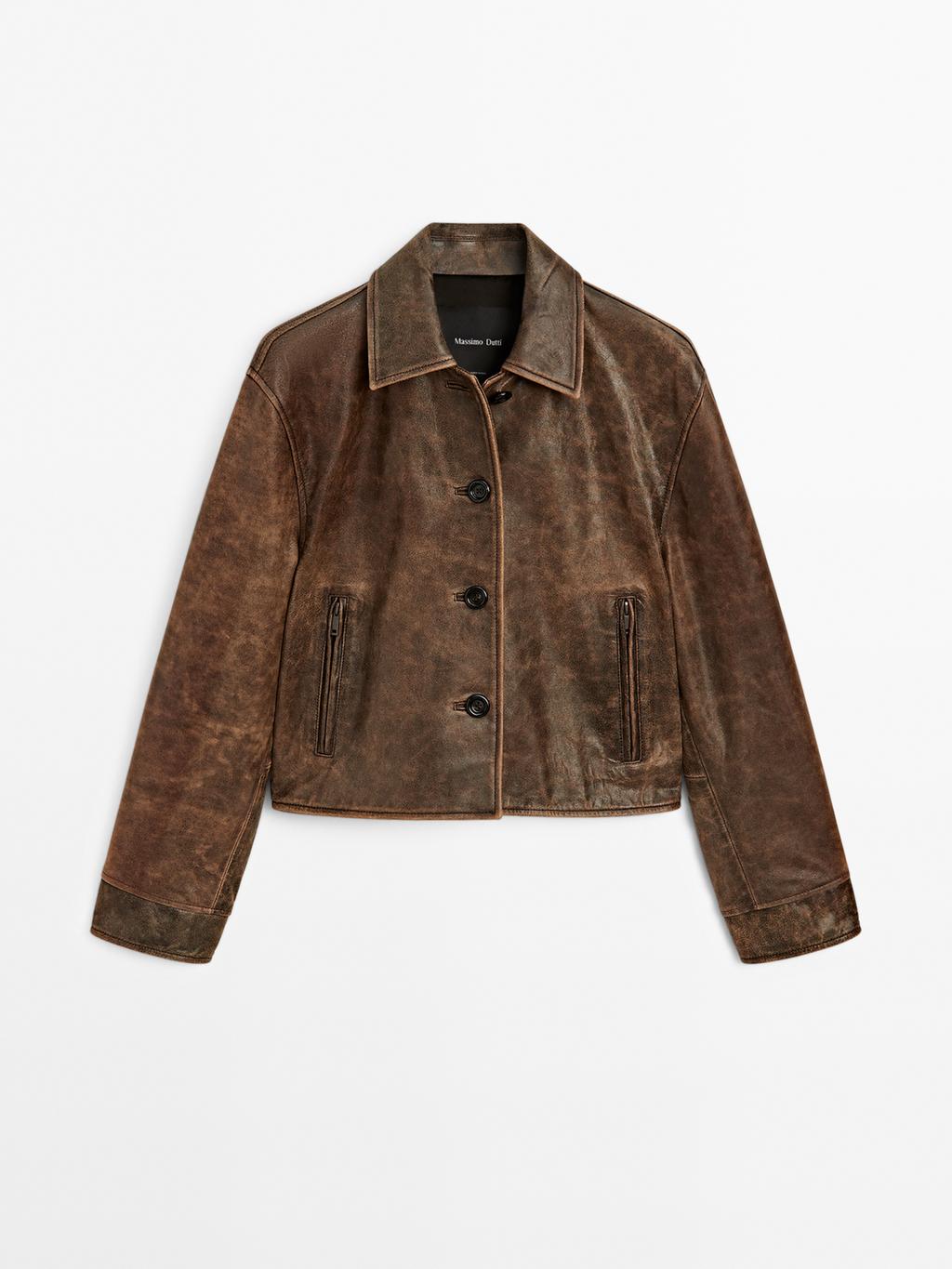 Distressed effect nappa leather cropped jacket