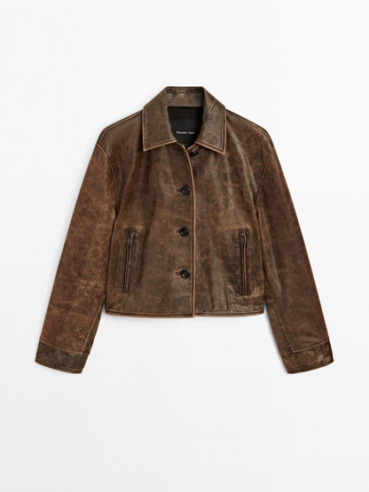 Distressed effect nappa leather cropped jacket