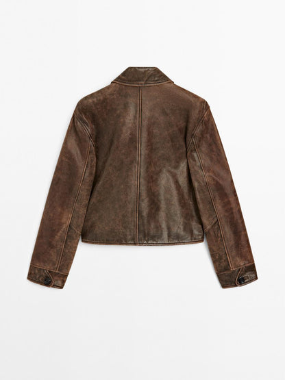 Distressed effect nappa leather cropped jacket