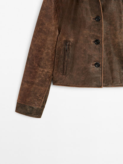 Distressed effect nappa leather cropped jacket