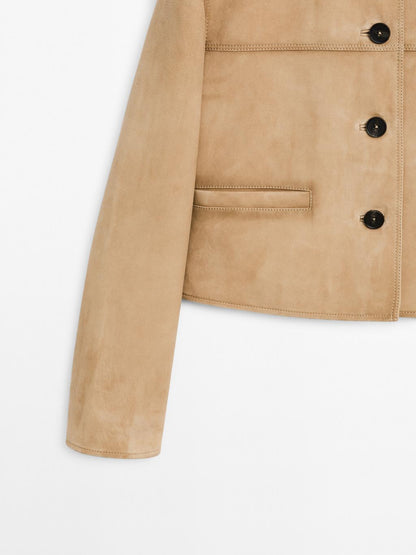 Short suede leather jacket with topstitching