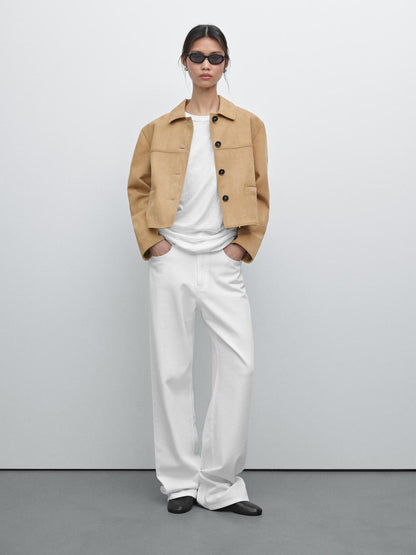 Short suede leather jacket with topstitching