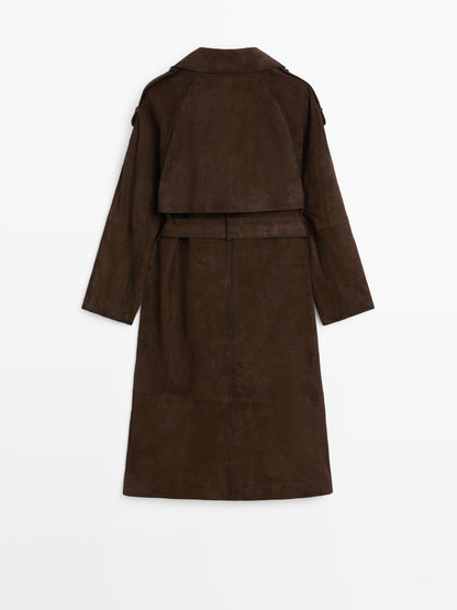 Long suede leather trench coat