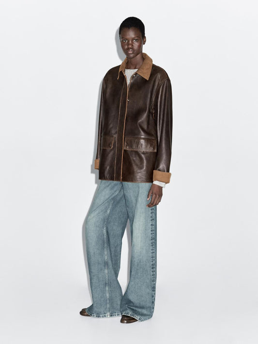 Nappa leather parka with corduroy detail