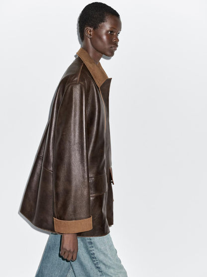 Nappa leather parka with corduroy detail