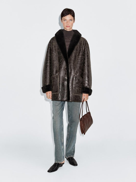 Mouton leather coat with crackled finish
