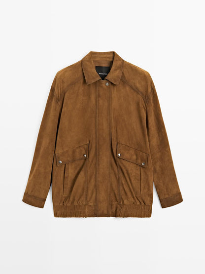 Suede leather bomber jacket with pockets