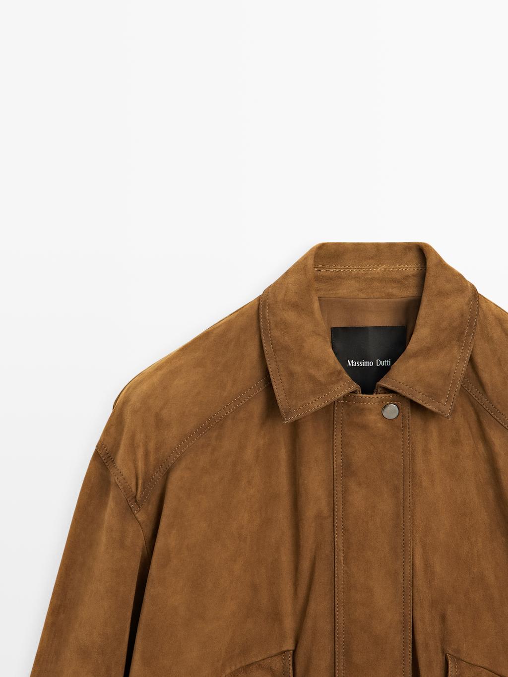 Suede leather bomber jacket with pockets