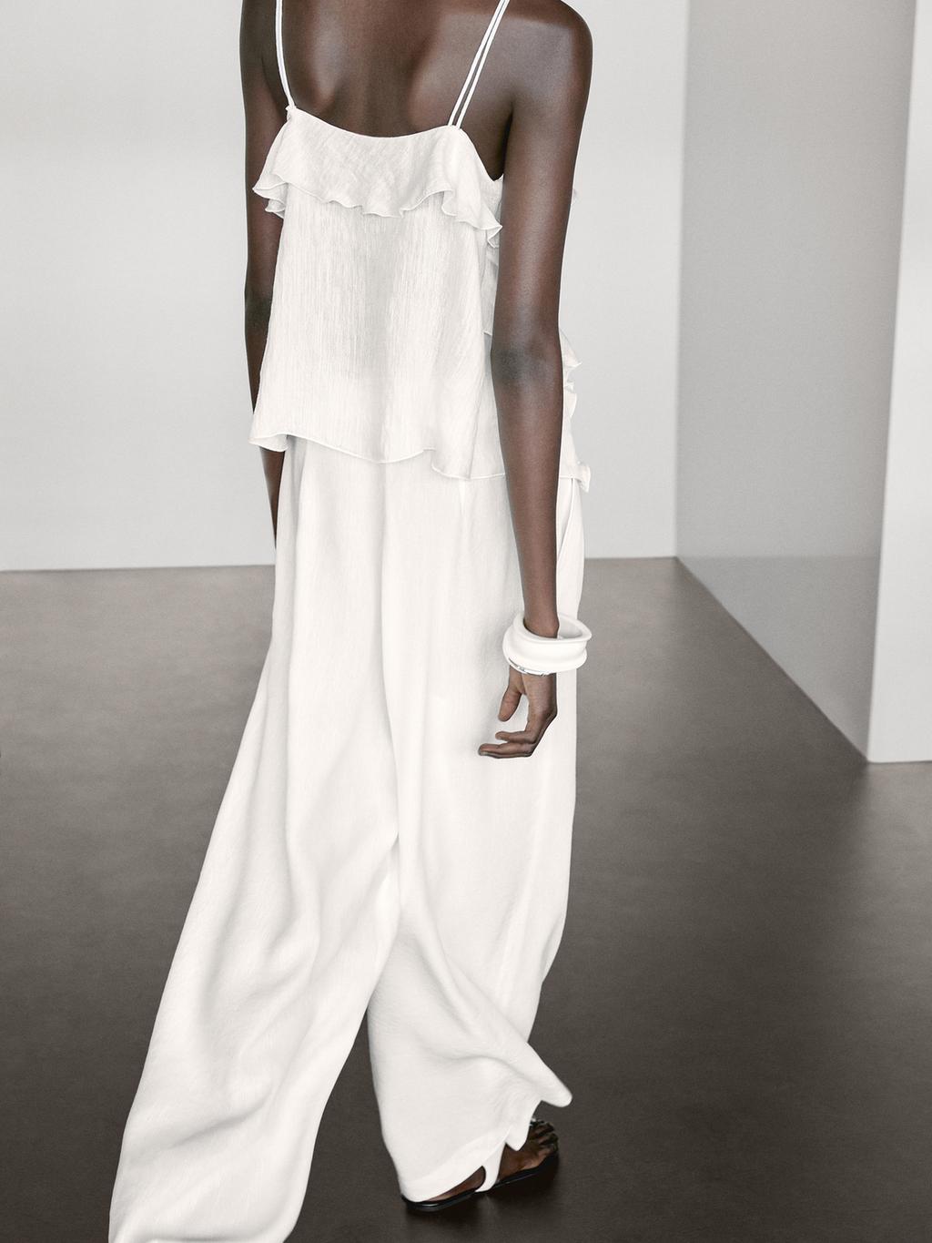 Linen blend darted palazzo trousers